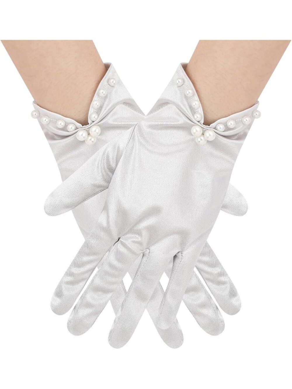 Women's Silver Short Satin Gloves with Pearl Tea Party Opera Banquet Gloves